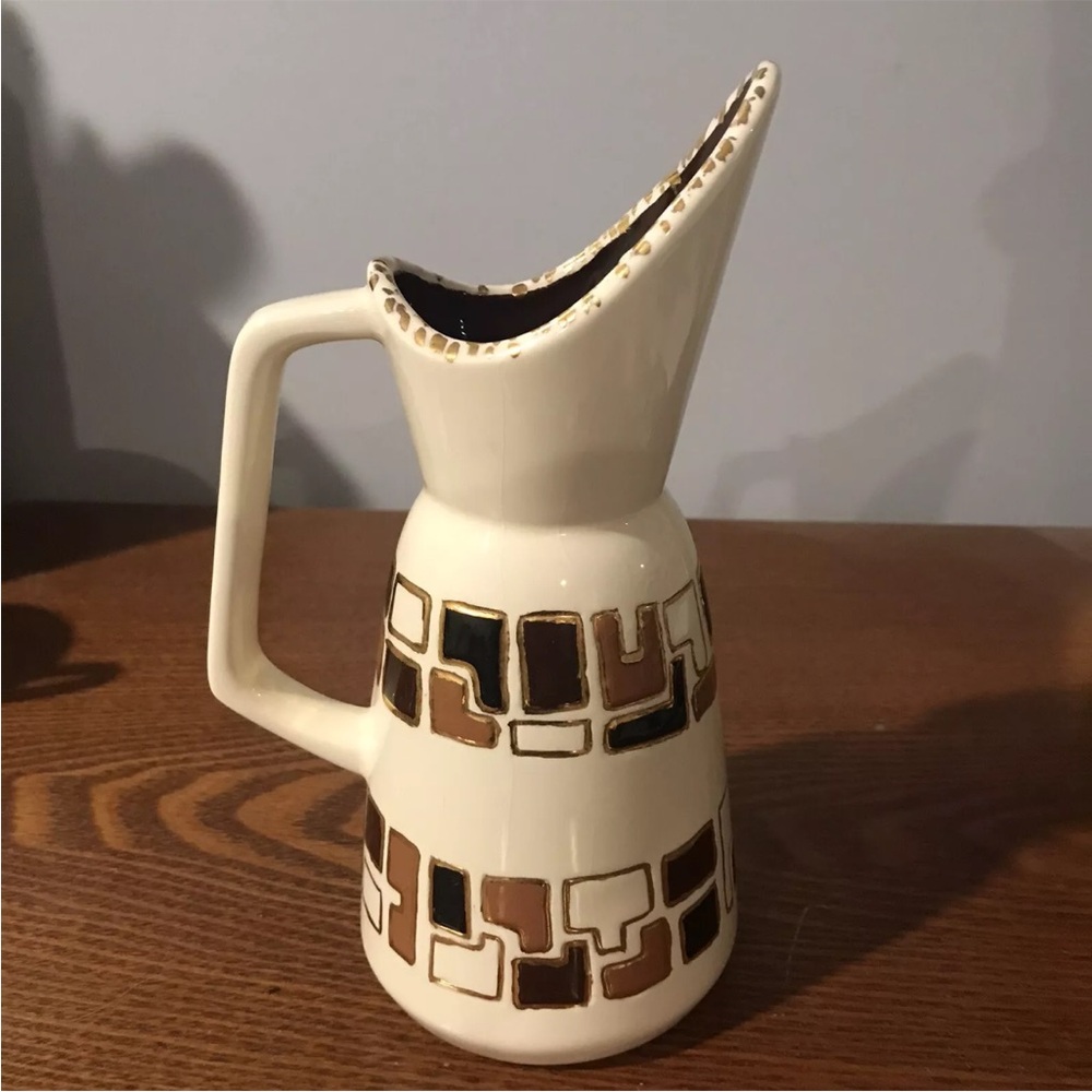 MCM Studio Art Ceramic Pottery Pitcher Vase Geometric Design Signed Hand Painted